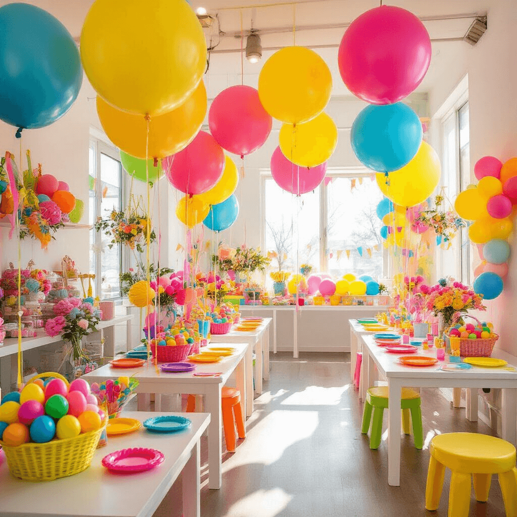 A whimsical children's Easter party in a bright apartment, featuring vibrant balloon sculptures, colorful egg-shaped balloons, low tables with cheerful plates, and rainbow balloon garlands, all under midday sunlight.