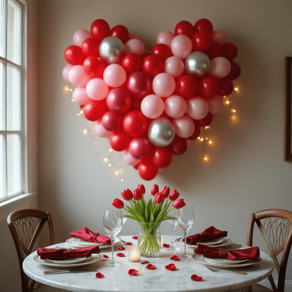 Enchanting Valentine's Balloon Decorations: A Complete Guide to Romantic Celebrations Intimate dining nook with heart-shaped balloon mosaic backdrop, soft morning light, round table set with fine china, crystal wine glasses, deep red silk napkins, fresh red tulips in a crystal vase centerpiece, and scattered rose petals on a marble tabletop, illuminated by delicate fairy lights.