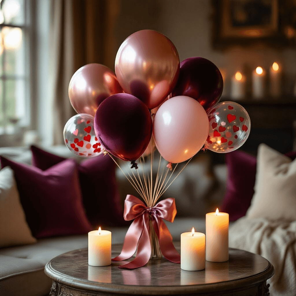 Enchanting Valentine's Balloon Decorations: A Complete Guide to Romantic Celebrations Close-up of an elegant balloon bouquet in a cozy living room, featuring burgundy velvet, rose gold metallic, blush pink, and two confetti-filled clear balloons. Tied with silk ribbons, the bouquet sits on a vintage wooden side table surrounded by candlelight, soft velvet and silk pillows, while a marble surface reflects the warm glow.