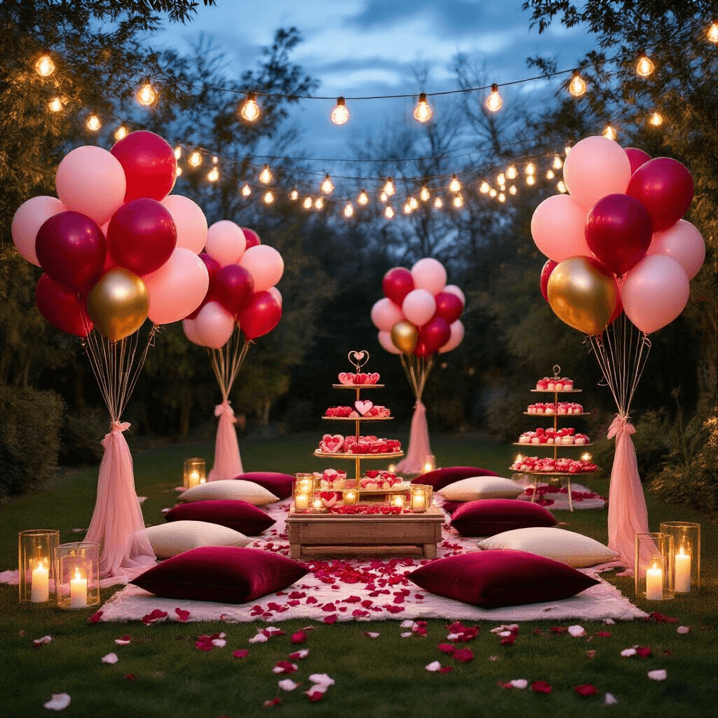 Enchanting Valentine's Balloon Decorations: A Complete Guide to Romantic Celebrations Wide shot of a romantic backyard Valentine's celebration featuring fairy lights, balloon bouquets, a low picnic setup with burgundy and cream cushions, a tiered dessert cart, and rose petals scattered across the grass.