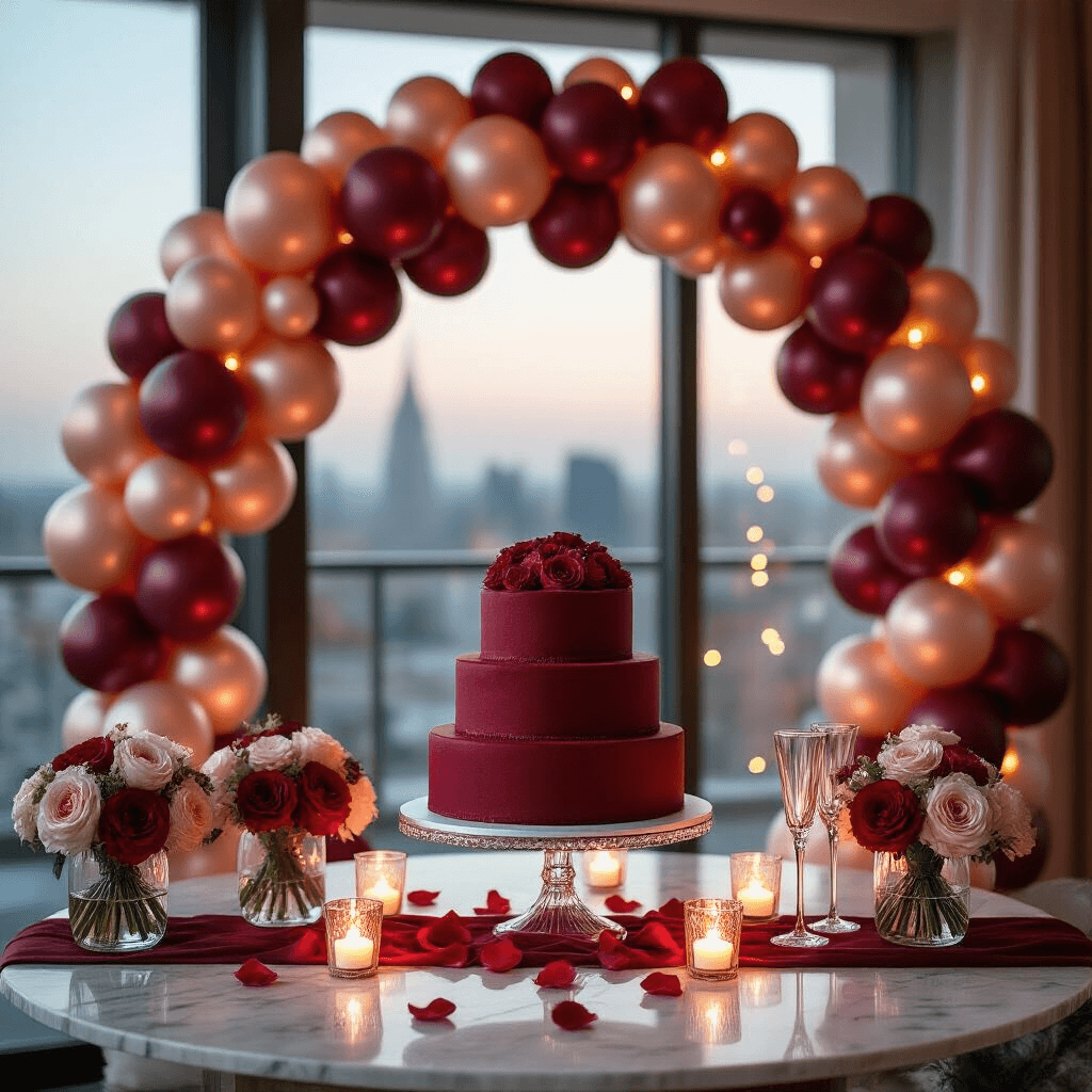 Enchanting Valentine's Balloon Decorations: A Complete Guide to Romantic Celebrations Close-up of a luxurious cake table centerpiece featuring a three-tier red velvet cake on a crystal stand, surrounded by vintage glass vases with smaller balloon bouquets. An elaborate balloon arch of burgundy, rose gold, and pearl white balloons creates a backdrop, illuminated by soft LED fairy lights. The setting includes a deep red silk table runner, scattered rose petals, and crystal champagne flutes, all bathed in soft evening light from floor-to-ceiling windows.
