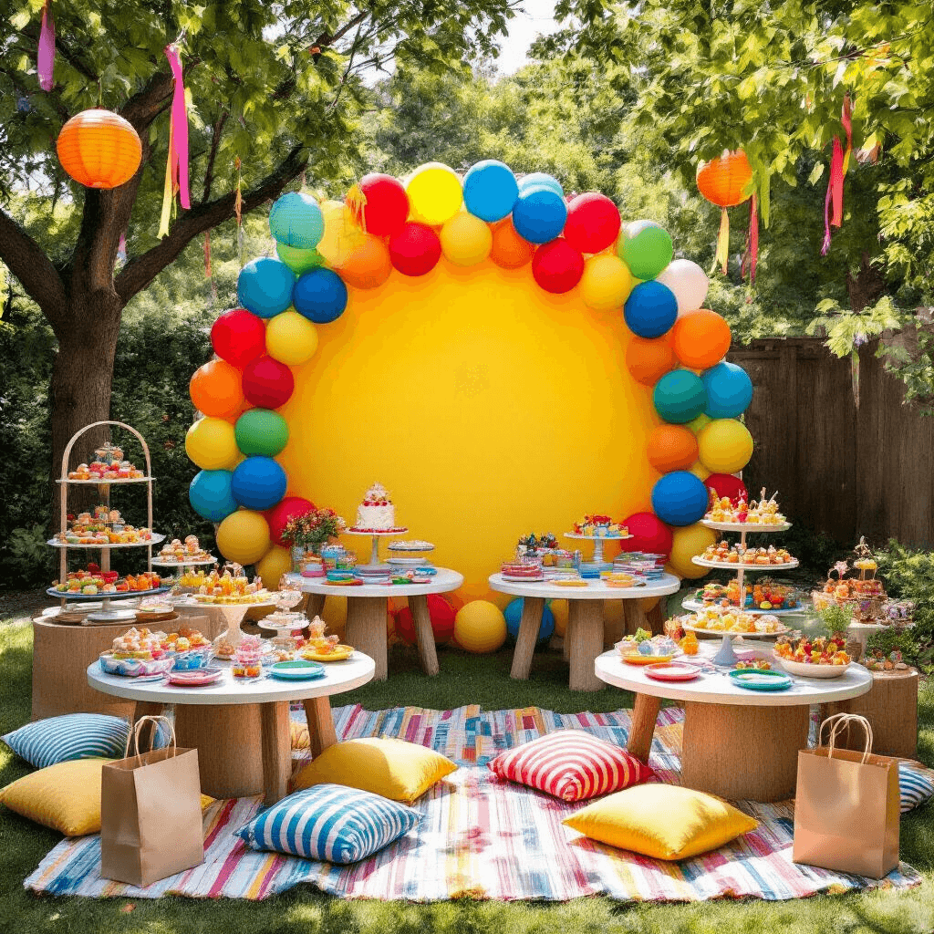 Circle Balloon Backdrop: The Ultimate Guide to Stunning Event Decor A vibrant overhead view of a children's backyard party featuring colorful balloon decorations, striped table linens, rainbow-themed dishware, dessert carts with whimsical treats, picnic blankets, hanging paper lanterns, and personalized favor bags, all set under the midday sun.