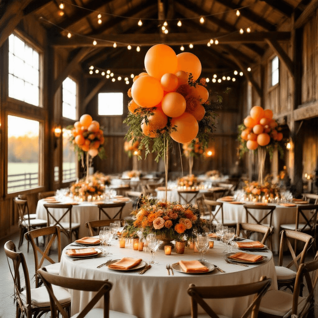 Orange Balloons: The Ultimate Event Styling Guide for Unforgettable Celebrations Elegant fall wedding reception in a rustic wooden barn, featuring round tables with ivory silk linens and vibrant orange balloon centerpieces, illuminated by warm natural sunlight streaming through tall windows, with copper accents, autumn leaf garlands, and flickering candles, all complemented by overhead string lights and vintage wooden chairs.
