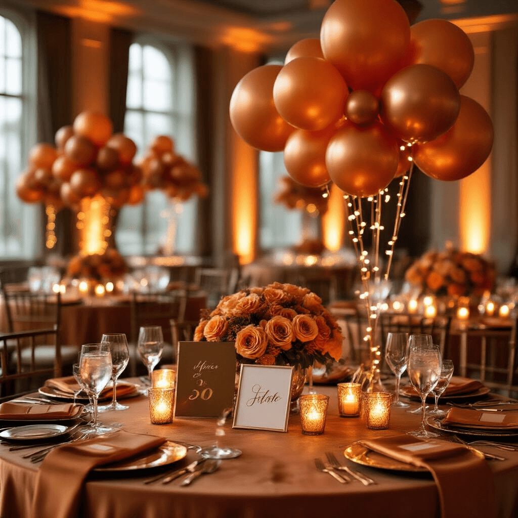 Orange Balloons: The Ultimate Event Styling Guide for Unforgettable Celebrations Close-up detail of an elegant indoor ballroom event featuring burnt orange and copper balloon centerpieces on round tables with velvet linens, soft LED string lights, crystal glassware, gold charger plates, orange roses, and flickering votive candles, all enhanced by gold calligraphy signage.