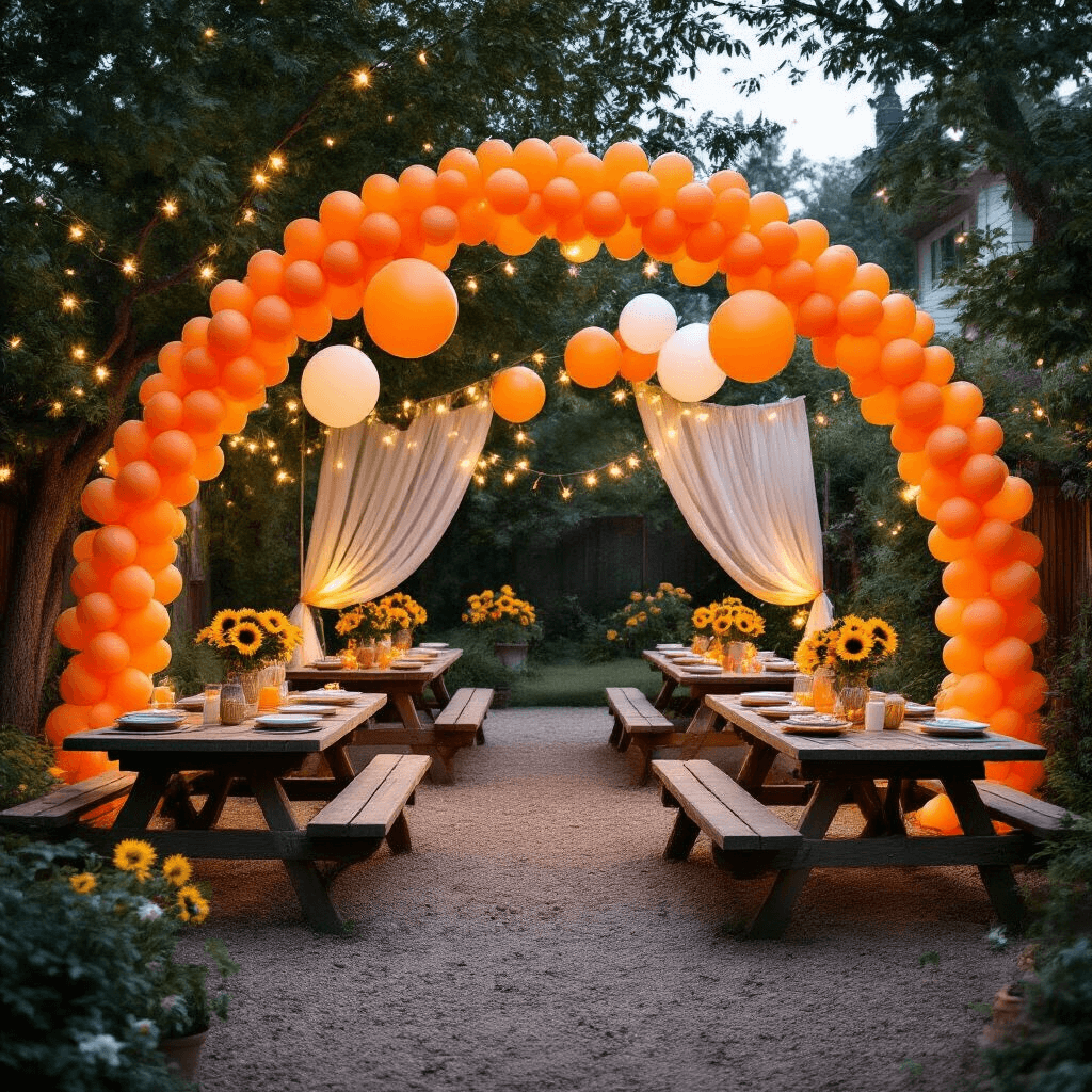 Orange Balloons: The Ultimate Event Styling Guide for Unforgettable Celebrations A whimsical backyard birthday party at night, featuring orange balloon arches, cream sheer drapery illuminated by fairy lights, tangerine and white balloon clusters, rustic picnic tables with ceramic plates and sunflowers, mason jar centerpieces, and hand-lettered chalkboard signs in a cozy garden setting.