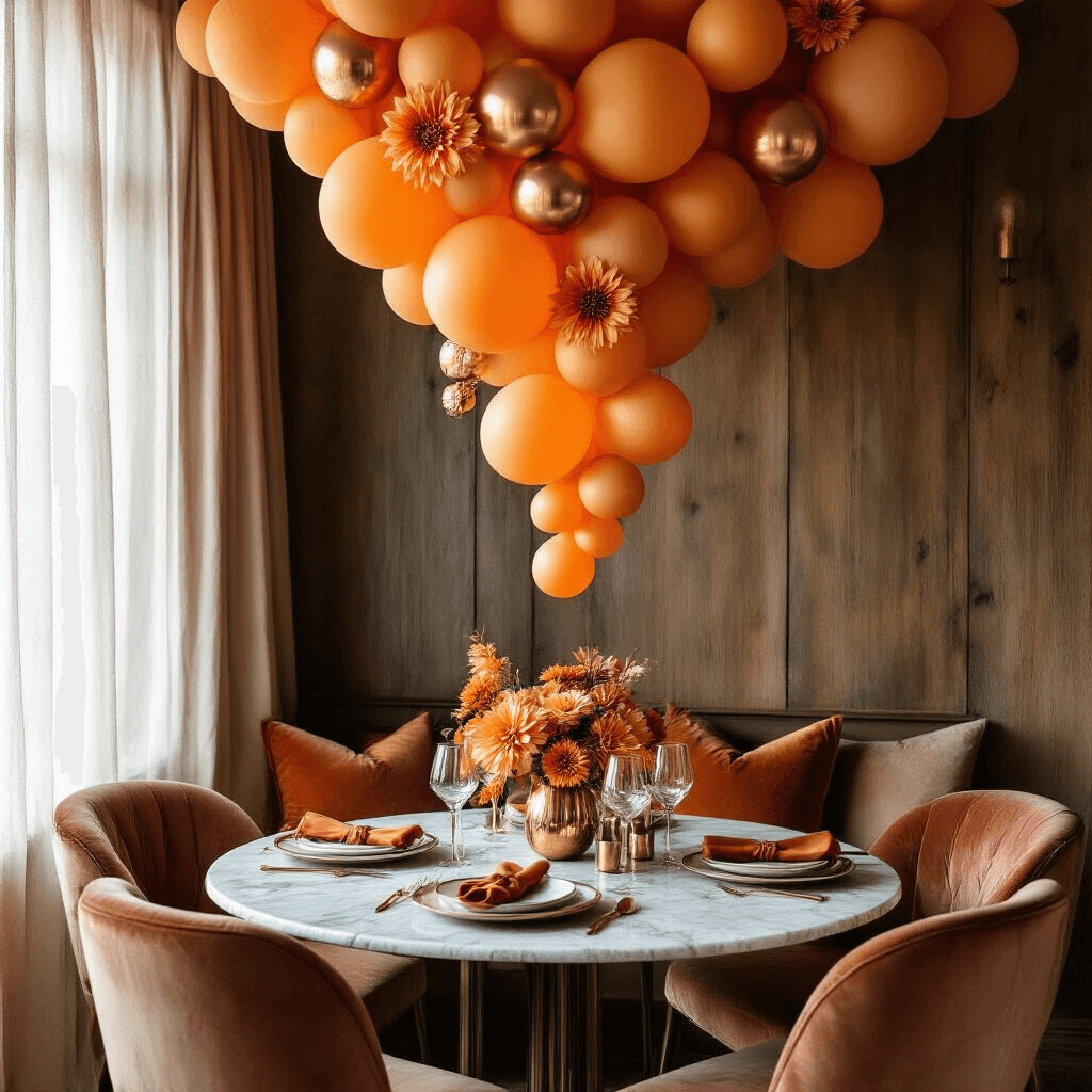 Orange Balloons: The Ultimate Event Styling Guide for Unforgettable Celebrations Elegant fall celebration in an intimate dining nook with a sophisticated ombré orange balloon installation, marble dining table set with fine china, velvet chairs, and silk napkins, illuminated by soft morning light filtering through gauzy curtains, accented with fresh orange dahlias and brass candle holders.