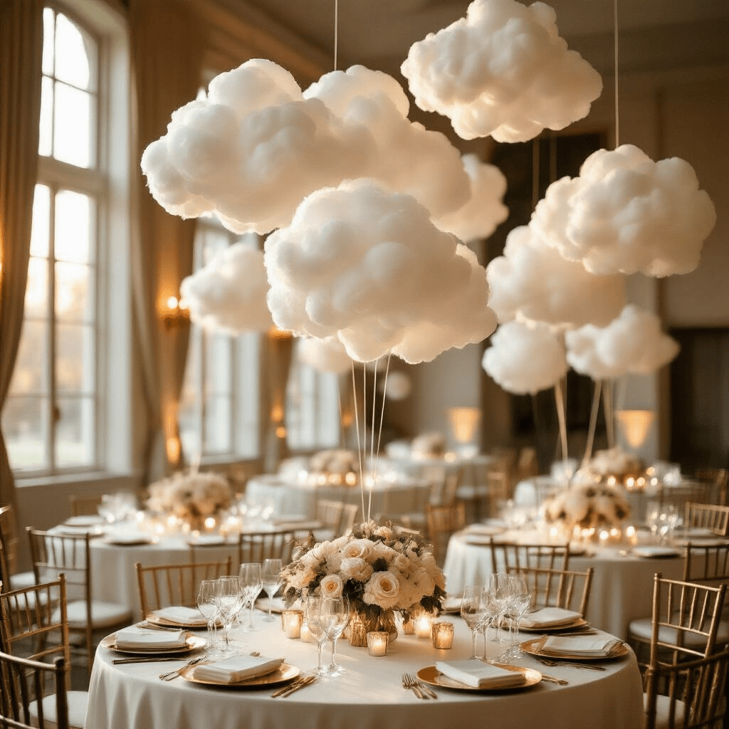 Cloud Balloons: The Ultimate Guide to Creating Dreamy, Magical Event Decor Cinematic wide-angle shot of an elegant indoor ballroom at golden hour, featuring suspended cloud balloon clusters above round tables with ivory silk linens and gold glassware, illuminated by soft natural light. Romantic candlelit centerpieces of blush roses and eucalyptus enhance the scene, while fairy lights in the balloon arrangements add a magical touch to the luxurious setting.