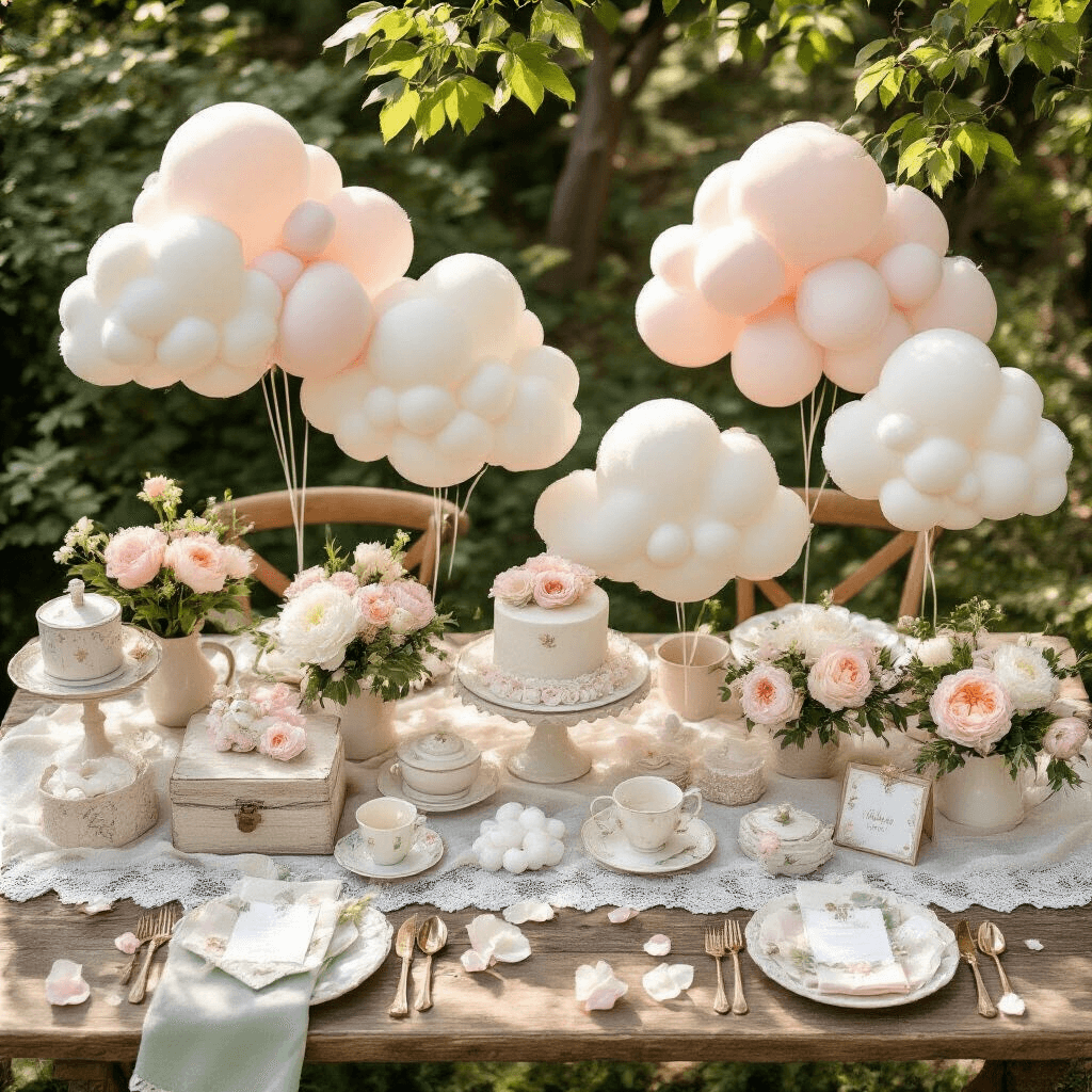 Cloud Balloons: The Ultimate Guide to Creating Dreamy, Magical Event Decor Overhead flat lay of a dreamy garden baby shower setup featuring pastel balloon centerpieces, rustic wooden tables with lace runners, fresh peonies, ceramic tea sets, personalized favors, and soft morning sunlight filtering through trees.