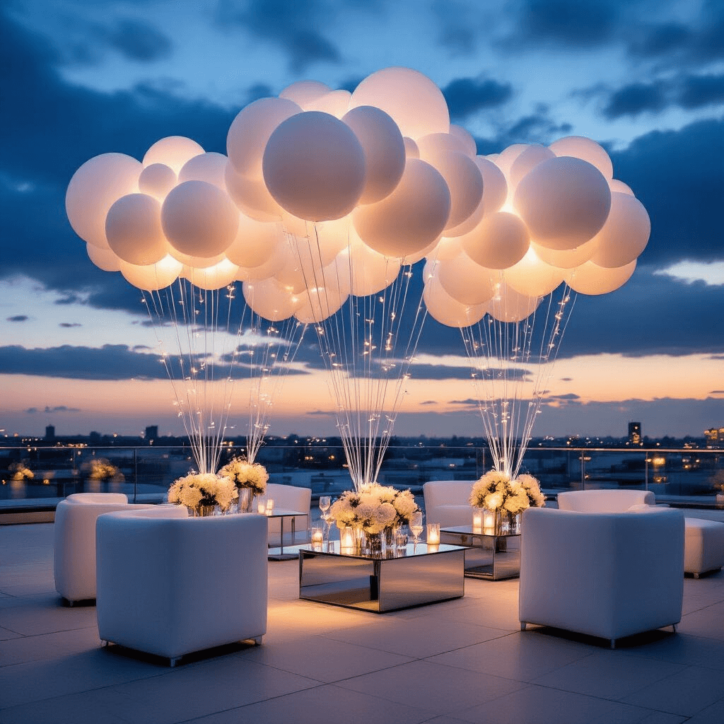 Cloud Balloons: The Ultimate Guide to Creating Dreamy, Magical Event Decor A sophisticated corporate event on a rooftop terrace, featuring minimalist white and silver cloud balloon arrangements, sleek cocktail tables, and fairy lights, with modern glass and chrome furniture reflecting ambient lighting against a dusky sky.