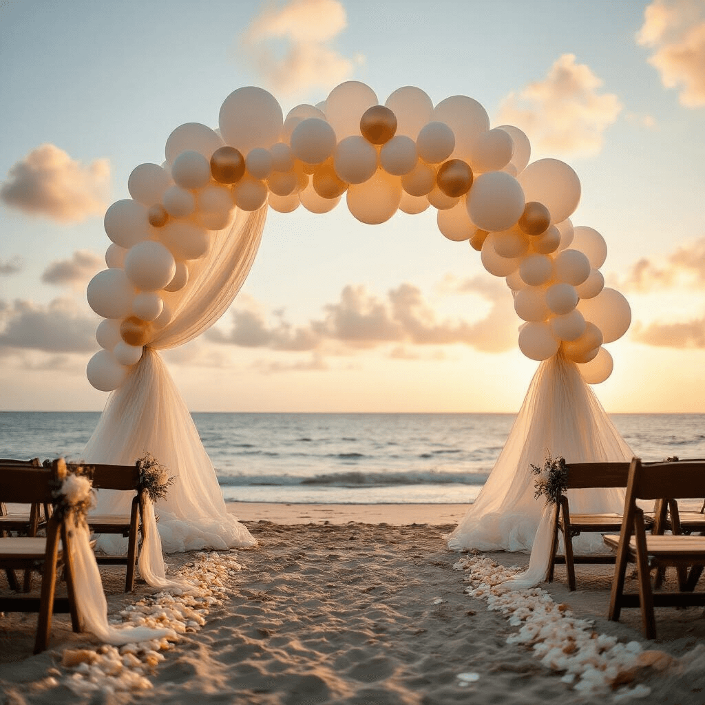 Cloud Balloons: The Ultimate Guide to Creating Dreamy, Magical Event Decor A romantic beachfront wedding ceremony at golden hour, featuring an ethereal cloud balloon arch, flowing drapery, scattered rose petals, and weathered wooden benches, all illuminated by warm natural light and twinkling fairy lights.