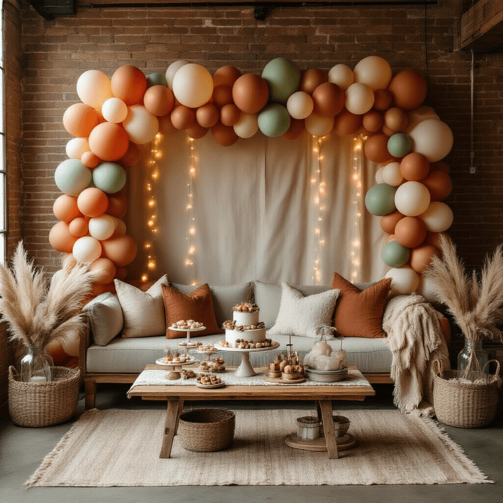 A cozy living room adorned for an intimate celebration, featuring a DIY terracotta, sage green, and cream balloon backdrop, warm fairy lights, and a low wooden coffee table styled with textured runners, surrounded by eclectic throw pillows and blankets in earth tones. Tiered cake stands with desserts and mason jar centerpieces filled with dried pampas grass enhance the rustic charm.