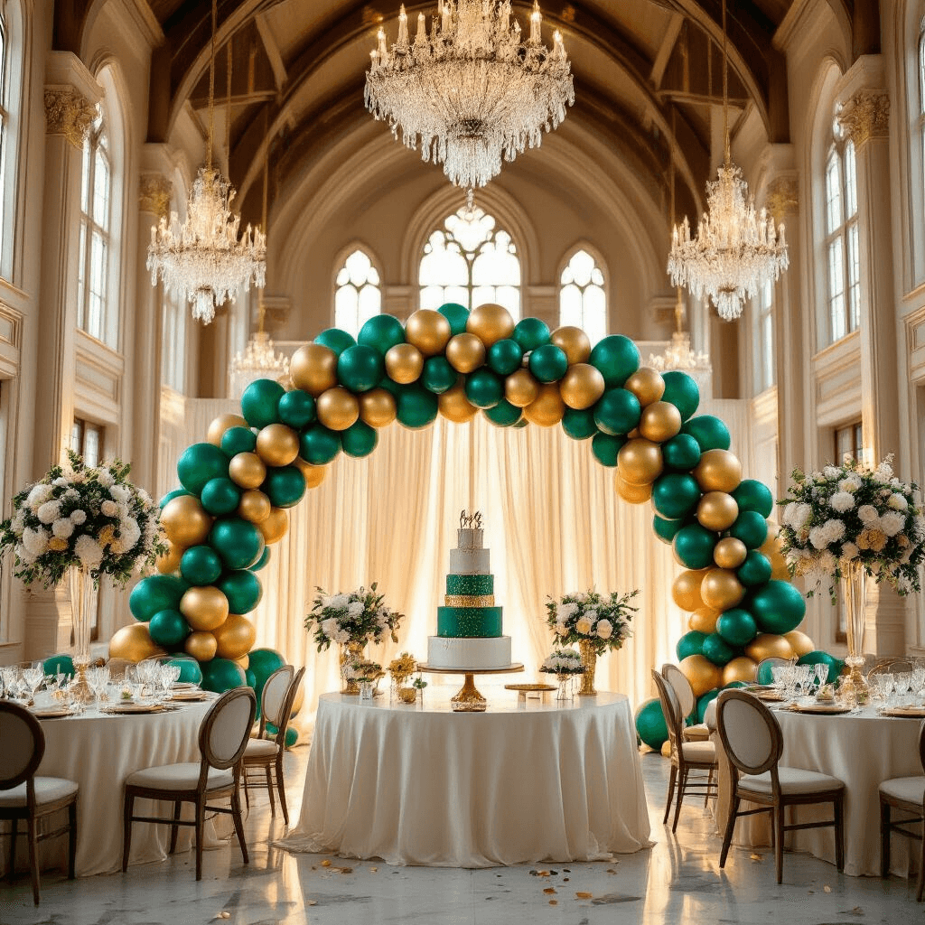 An elegant indoor ballroom featuring soaring cathedral ceilings and crystal chandeliers, adorned with a jewel-toned balloon garland arch behind the birthday cake table, illuminated by golden hour sunlight streaming through tall windows, highlighting silk ivory linens and marble dessert stations, with round tables decorated with balloon bouquets and fresh white florals.