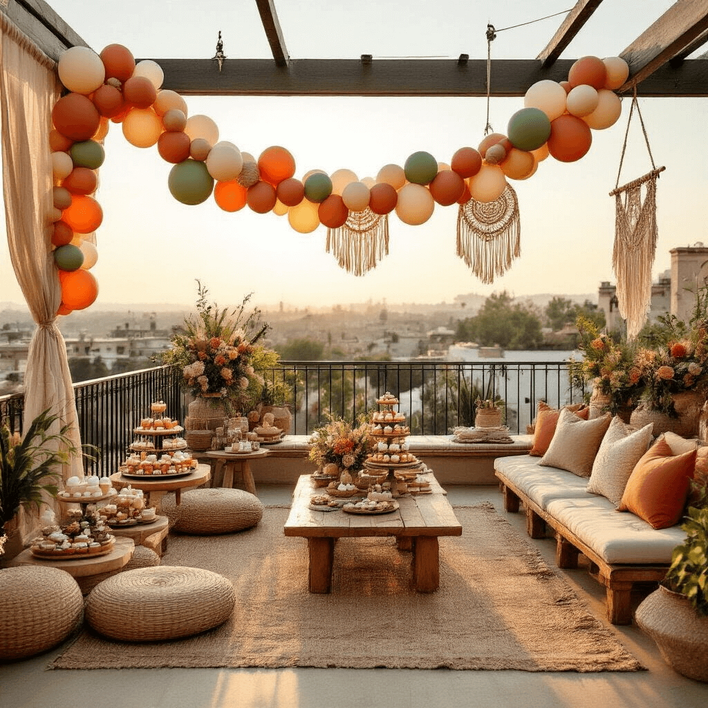 Wide-angle view of a boho chic rooftop terrace birthday party at golden hour, featuring organic balloon garlands in terracotta, sage green, and cream, draped across iron railings and wooden archways, with textured linen table coverings, woven floor cushions, tiered dessert carts, macrame wall hangings, vintage ceramics, and custom signage in earth tones.