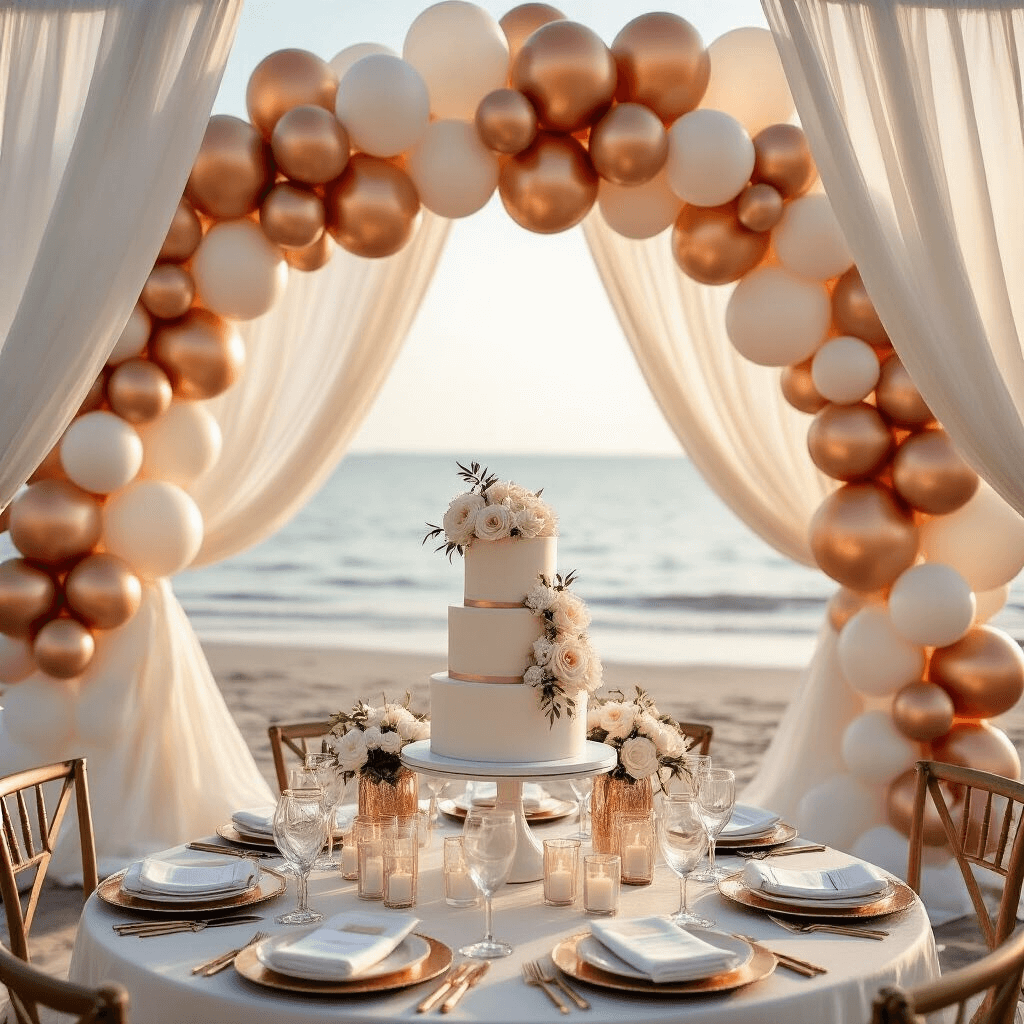 A luxurious beachfront birthday celebration setup featuring an elaborate balloon installation in rose gold, champagne, and ivory, with flowing white drapery, cocktail tables with silk linens, balloon arches, fresh white orchids, and elegant decor elements.