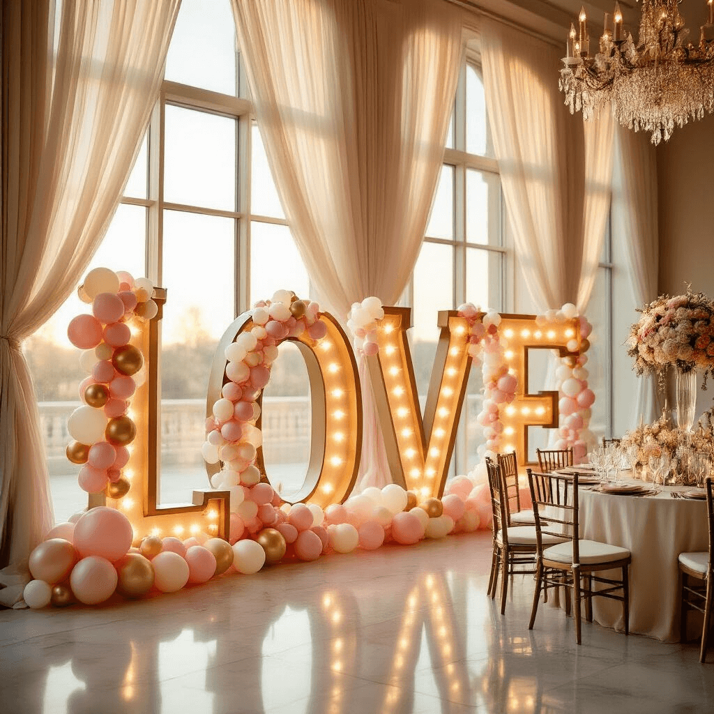 Elegant indoor ballroom during golden hour with marquee letters spelling 'LOVE' adorned with cascading balloon garlands in blush pink, cream, and gold. Soft sunlight filters through tall windows, illuminating silk ivory linens on round tables, with crystal glassware and floral centerpieces. Marble floors reflect ambient lighting, while sheer drapery enhances the dramatic backdrop.
