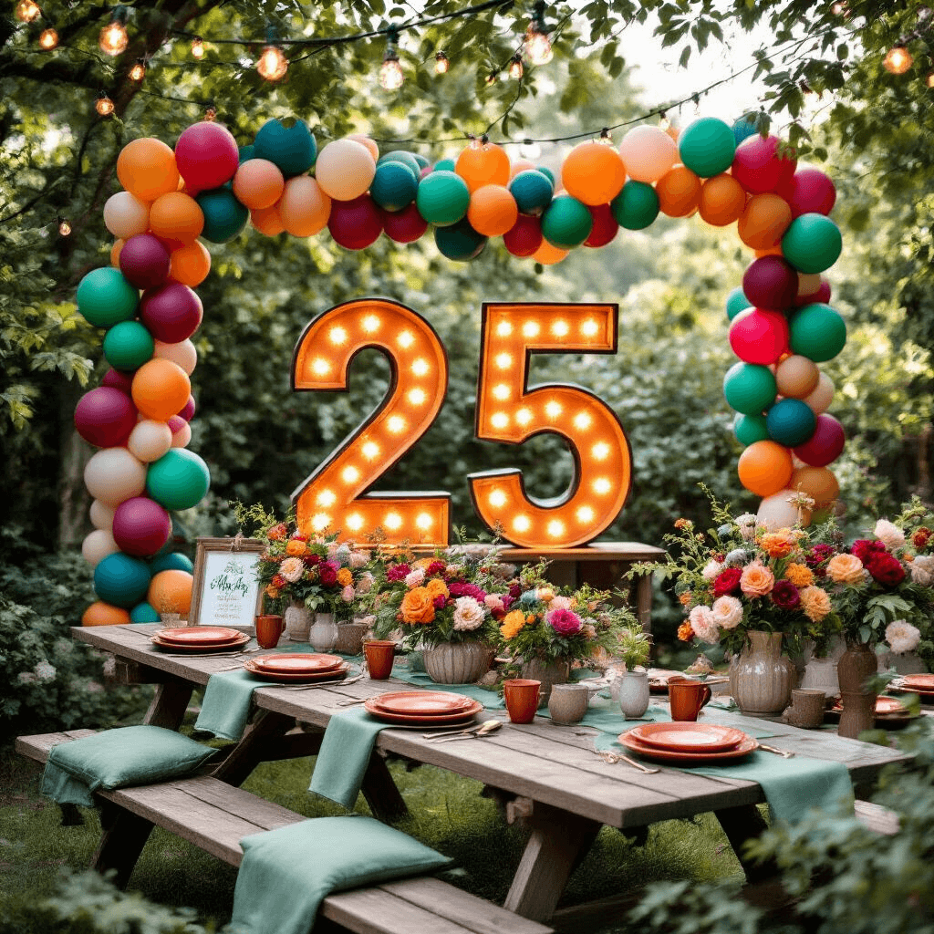 Overhead view of a vibrant garden birthday celebration with illuminated marquee numbers '25', colorful balloon garlands, rustic picnic tables with terracotta plates and sage green linens, fresh florals in vintage vases, and twinkling fairy lights under a leafy canopy.