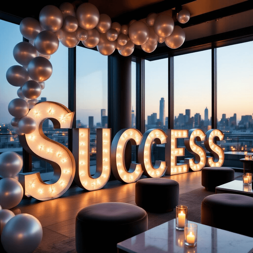 Close-up of marquee letters spelling 'SUCCESS' in a modern rooftop terrace setting, surrounded by metallic balloon garlands, candlelight, and intimate seating areas, capturing the luxe atmosphere of an elegant corporate event against a city skyline backdrop.