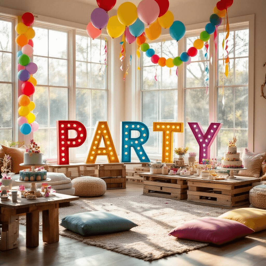 A bright and cheerful living room decorated for a children's birthday party, featuring colorful marquee letters 'PARTY' with balloon garlands, tiered cake displays, and playful decor, all bathed in soft morning light.