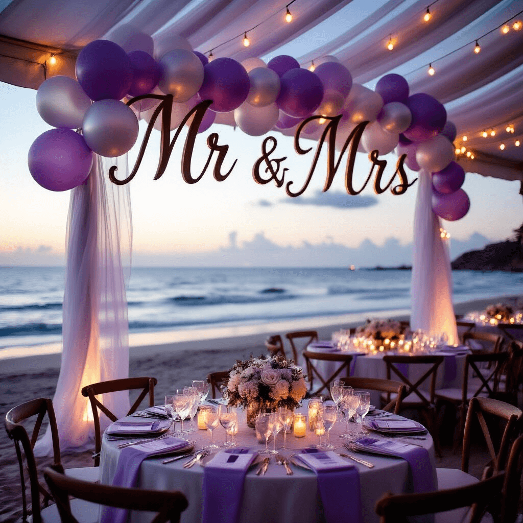 Moody beachfront wedding reception at twilight featuring 'Mr & Mrs' marquee letters, lavender and silver balloon garlands, string lights, round tables with silk linens, crystal stemware, and white florals, with candle groupings on driftwood stands and ocean waves in the background.