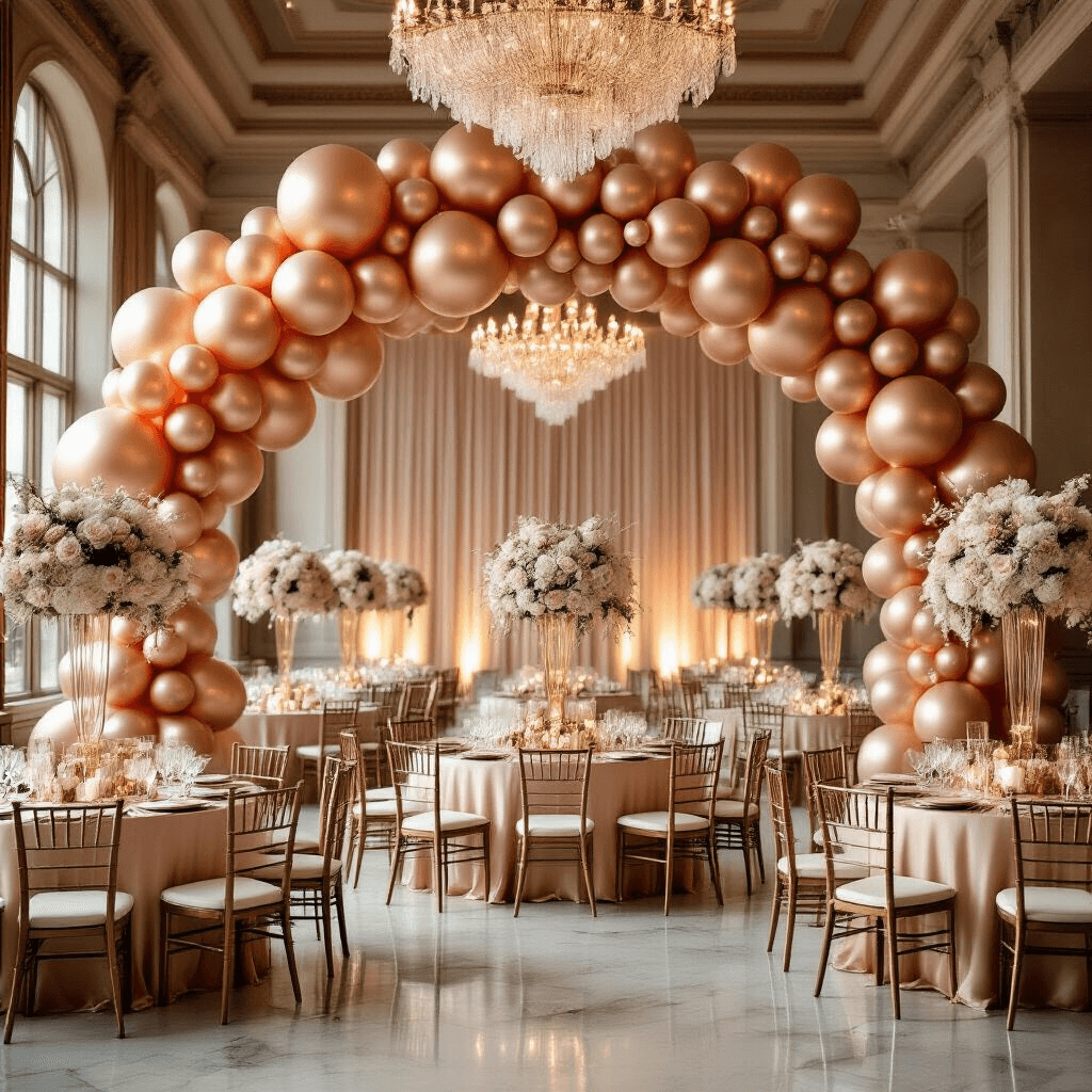 Elegant indoor ballroom during golden hour, featuring a stunning rose gold and champagne metallic balloon installation, blush silk-draped tables, crystal chandeliers, soft fairy lights, cream velvet chairs, and towering white orchid centerpieces, all bathed in warm, romantic light.