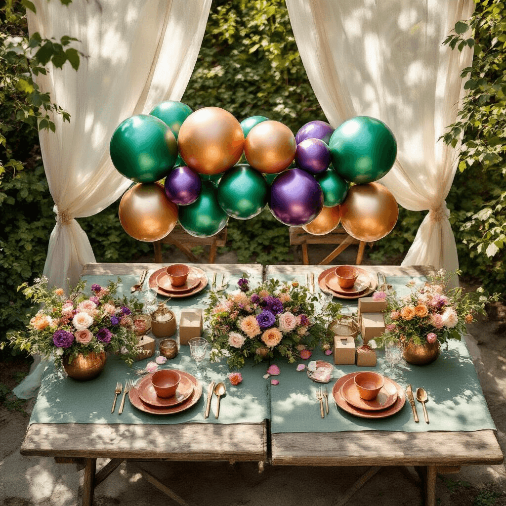 Overhead flat lay of an intimate garden party setup in soft morning light, featuring jewel-toned metallic balloons, terracotta ceramic place settings, seasonal florals in copper vessels, sheer ivory drapery, vintage brass candlesticks, artisanal glassware, and organic elements like ivy and rose petals.