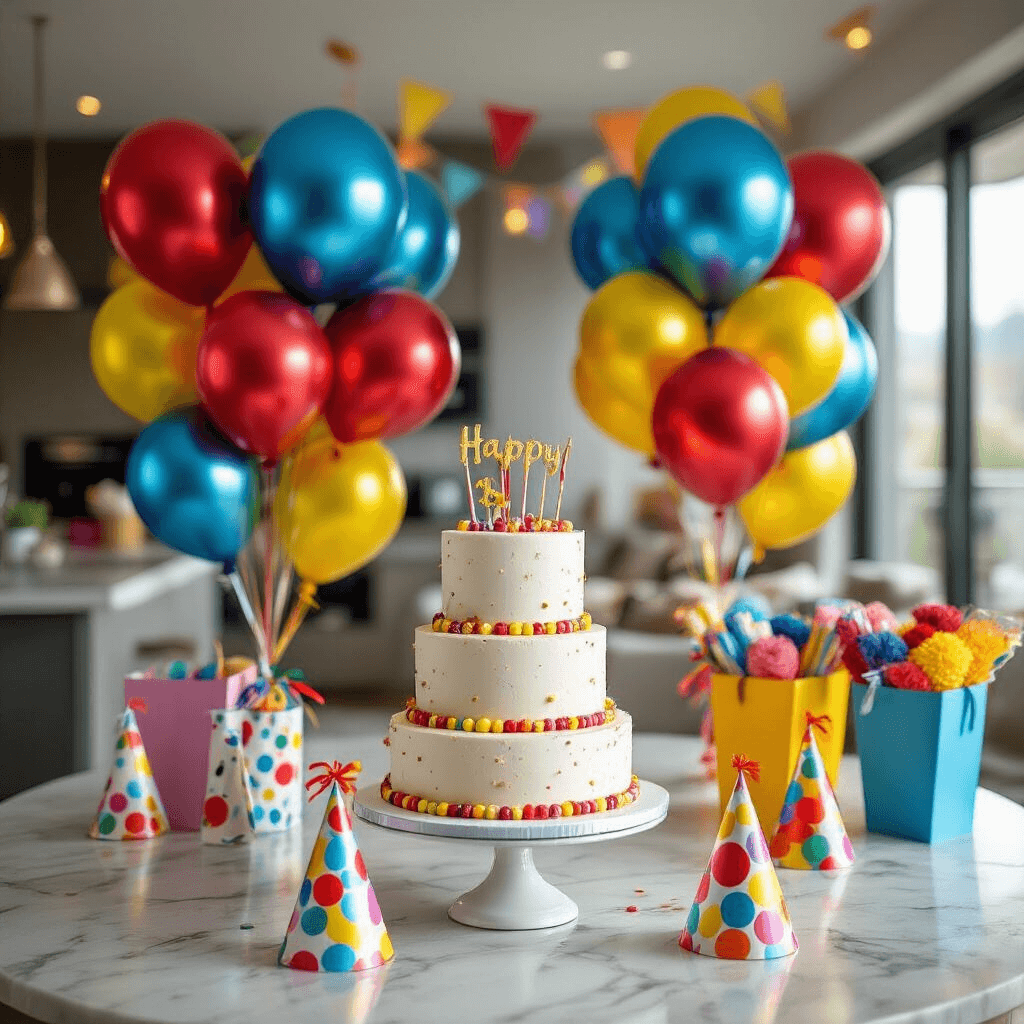 Close-up detail of a whimsical children's birthday celebration featuring colorful metallic balloons, a three-tiered birthday cake on a marble countertop, and vibrant decorations including streamers, party hats, and favor bags, all illuminated by soft box lighting.
