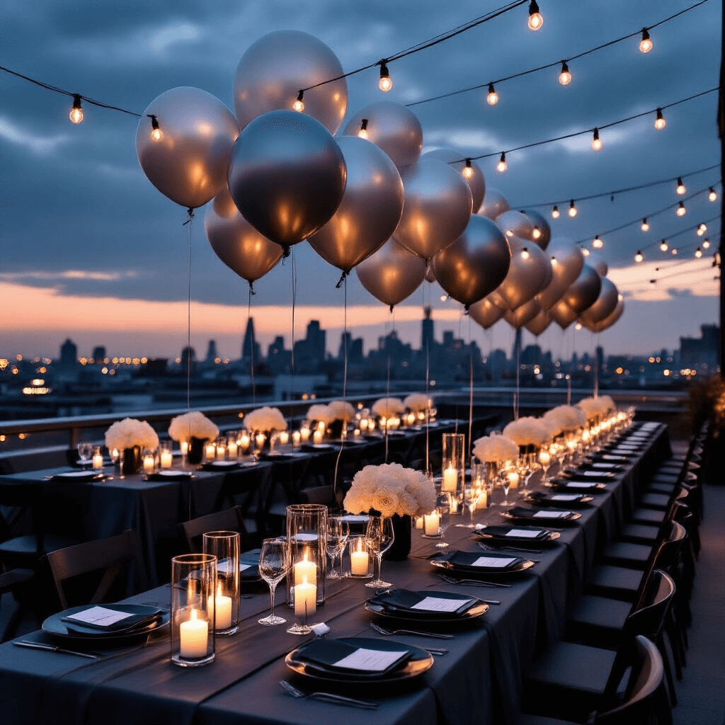 Moody evening rooftop terrace celebration featuring metallic balloons, elegant long tables with silk runners, candles, and a cityscape backdrop, illuminated by ambient string lights.