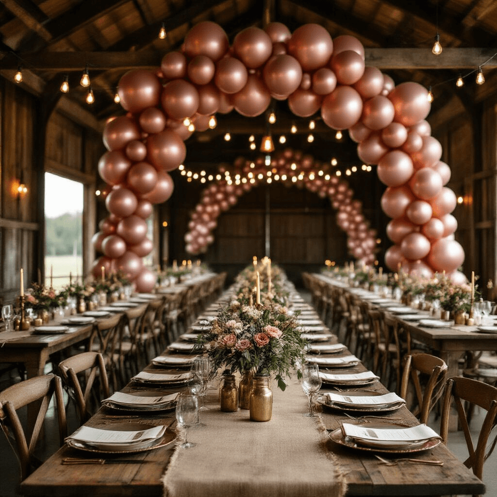 Cinematic wide shot of a rustic barn venue illuminated by candlelight, featuring dusty rose and antique bronze balloons, wooden farm tables with burlap runners, vintage brass candelabras, and mason jar centerpieces, all set under warm string lights and exposed beams for an intimate atmosphere.