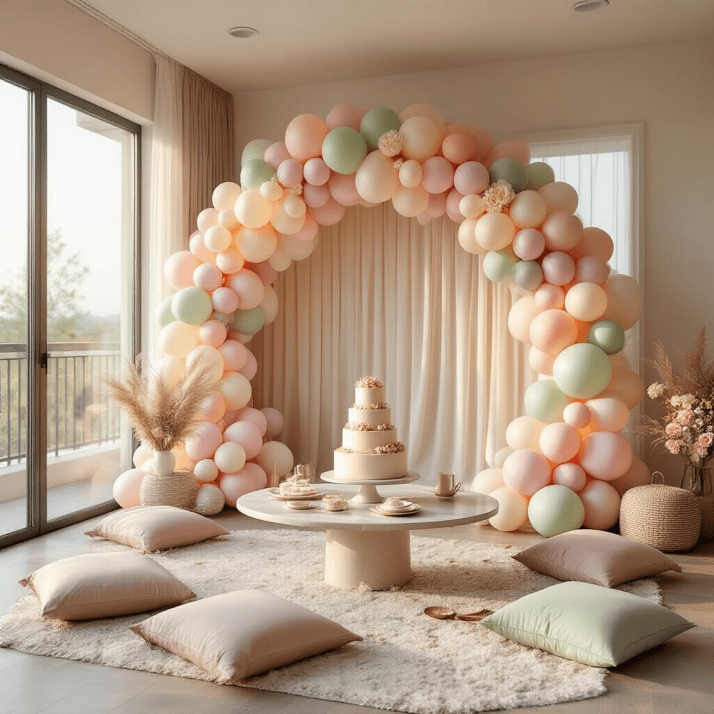 A photorealistic image of a modern apartment living room set for a first birthday celebration, featuring a pastel balloon arch, a tiered vanilla birthday cake, elegant table settings, and fairy lights, all illuminated by golden hour sunlight streaming through large windows.