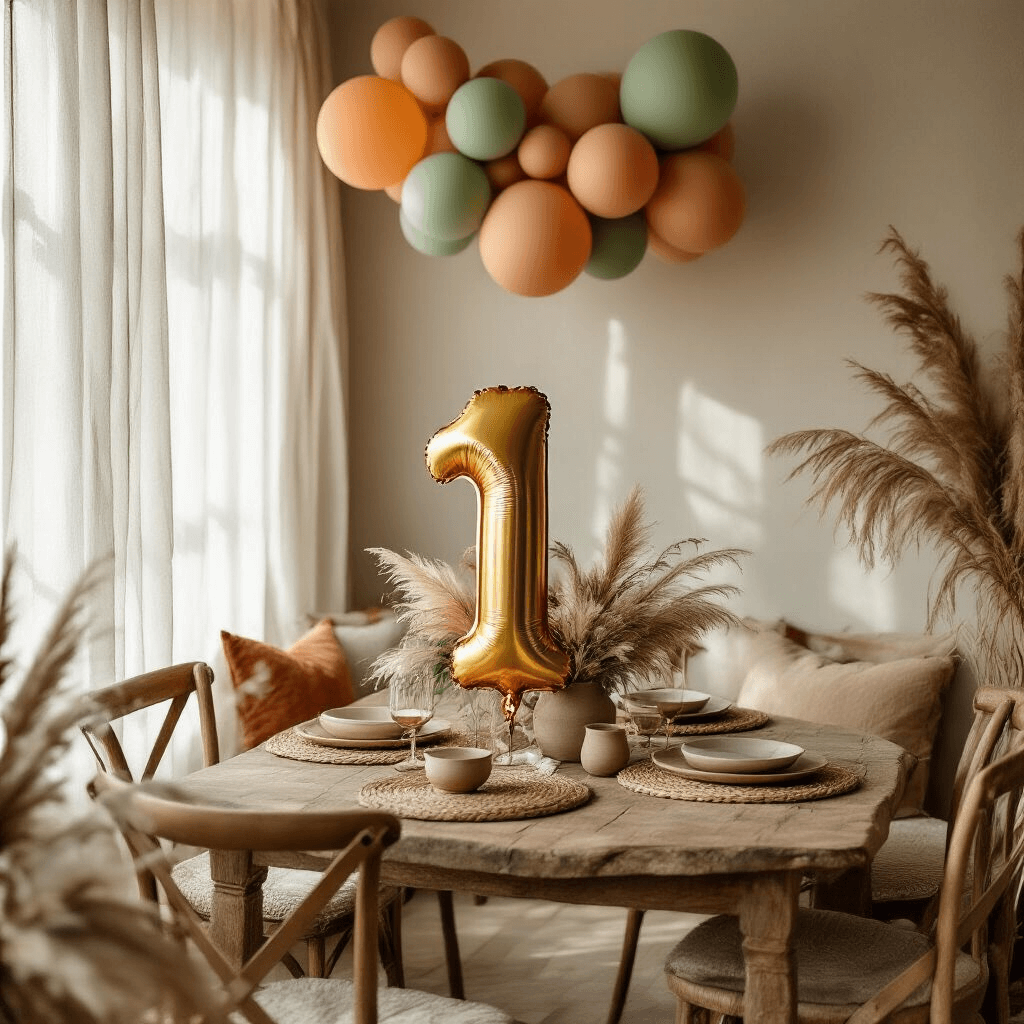 Intimate boho chic dining nook for a first birthday party, featuring a rustic wooden table with terracotta and sage green balloon bouquets, dried pampas grass, and eucalyptus, complemented by woven placemats, ceramic dishware, and velvet cushions. A matte gold custom number '1' balloon stands out among organic balloon clusters, with sheer linen curtains softly filtering morning light across layered textiles and succulent centerpieces in clay pots.