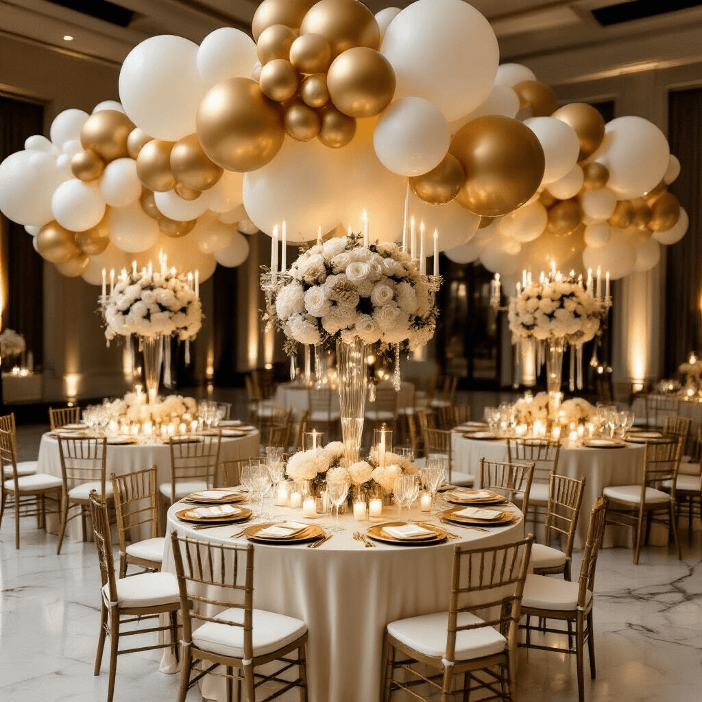 Elegant indoor ballroom setup for a luxury first birthday celebration, featuring round tables with ivory silk linens, gold charger plates, and crystal glassware, under soft candlelight and warm string lights, adorned with dramatic gold, cream, and champagne balloon installations, fresh white roses, and personalized calligraphy place cards, all set against polished marble floors.