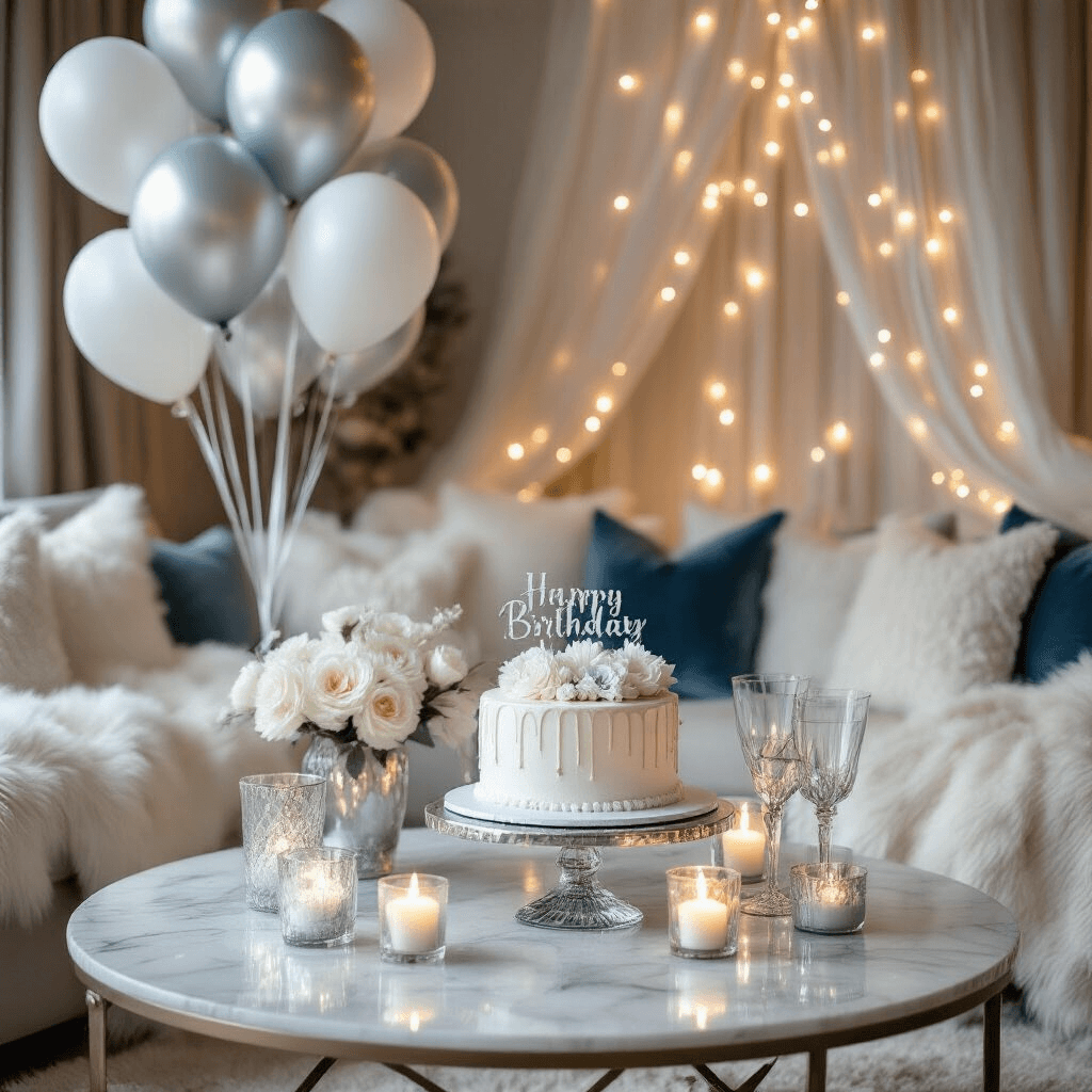 Detail shot of a cozy winter wonderland first birthday celebration with silver, white, and pale blue balloons, a luxurious cake on a crystal stand, and warm candlelight ambiance in a stylish living room.