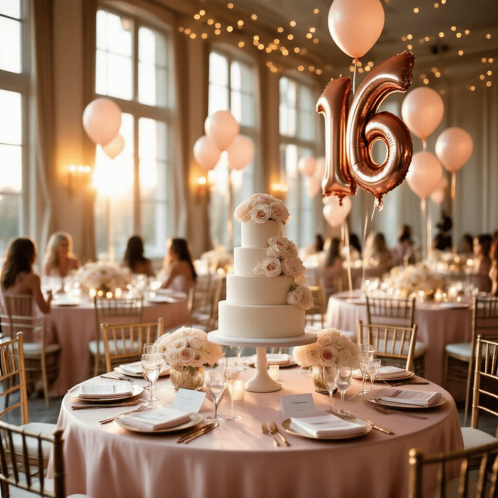 A photorealistic indoor ballroom scene during golden hour featuring an elegant sweet sixteen celebration with blush pink silk table linens, ivory rose centerpieces, and a towering rose gold number '16' balloon beside a three-tiered white fondant cake, illuminated by soft sunlight and twinkling fairy lights.