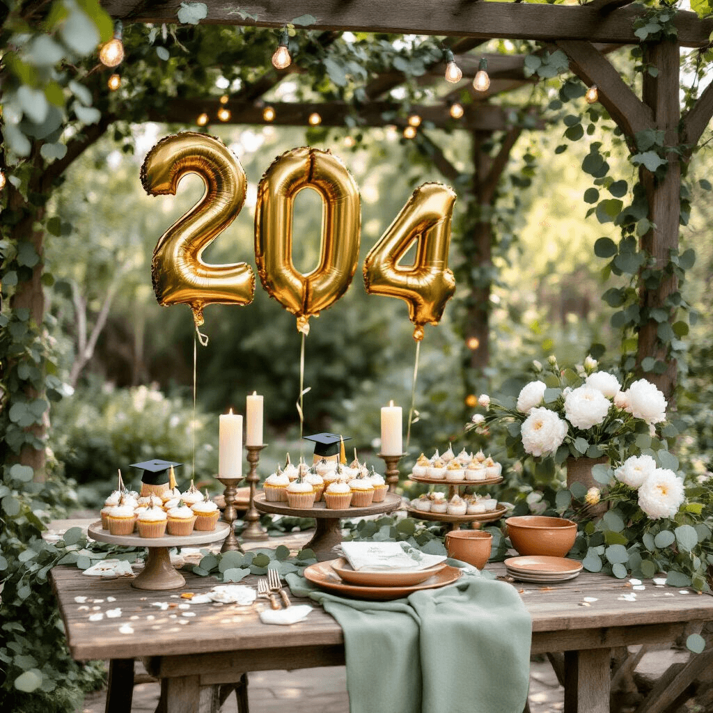 Close-up of a rustic wooden table adorned with sage green linen runners and terracotta dinnerware, decorated for a graduation celebration with giant metallic gold number balloons, eucalyptus garlands, white peonies, and a dessert cart featuring cupcakes with mini graduation caps, all under a canopy of fairy lights and vintage brass candlesticks, exuding a warm, festive atmosphere.