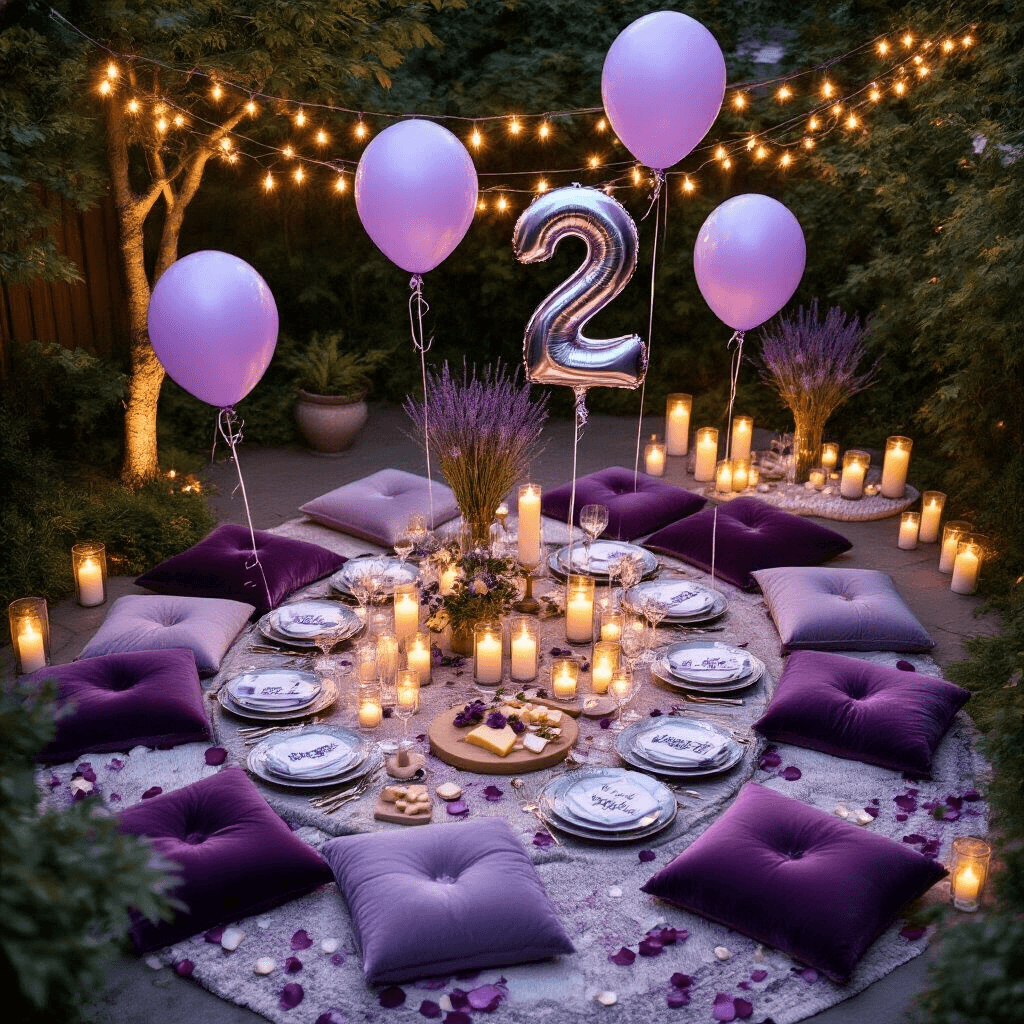 Aerial view of a whimsical backyard anniversary celebration featuring low tables with velvet cushions, fine china, crystal stemware, and fresh lavender. Shimmering number balloons, LED string lights, and pillar candles create a romantic atmosphere, complemented by marble cheese boards, silk napkins, and rose petals. Personalized photo displays and handwritten vows enhance the intimate setting.