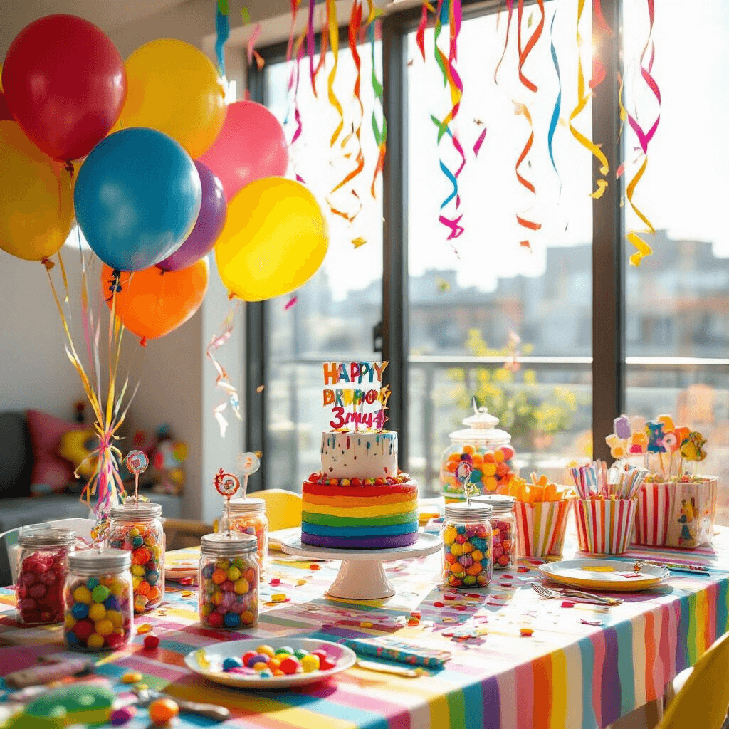 A lively children's birthday party in a modern apartment, featuring bright primary colors, rainbow balloons, a multi-colored cake, candy jars, and cheerful decorations, all illuminated by midday sunlight streaming through large windows.