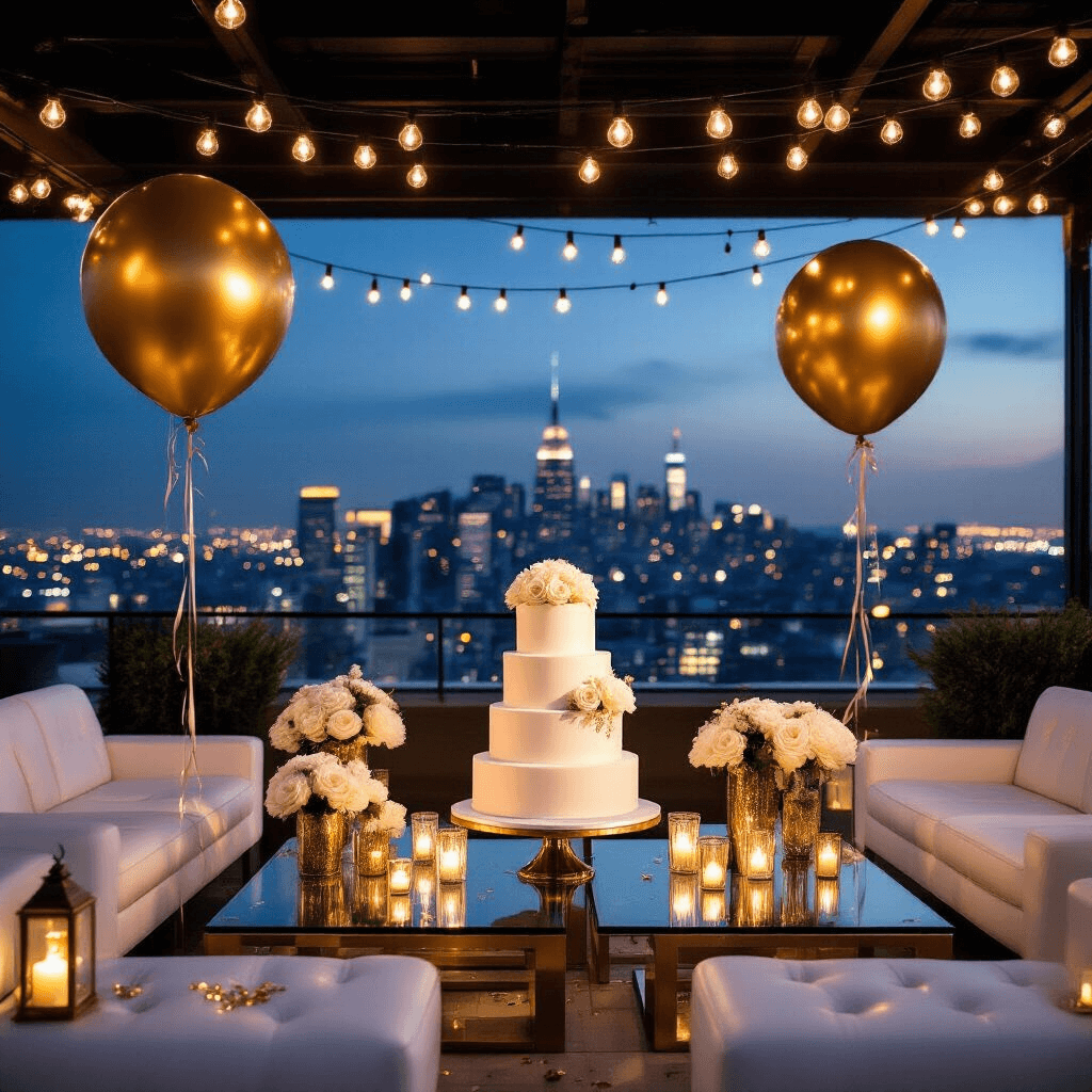 A luxurious rooftop terrace celebration at night, featuring sleek white leather furniture, gold and ivory floral arrangements, oversized champagne gold number balloons, a stunning two-tier naked cake with fresh roses, and ambient string lights, all set against a glittering city skyline.