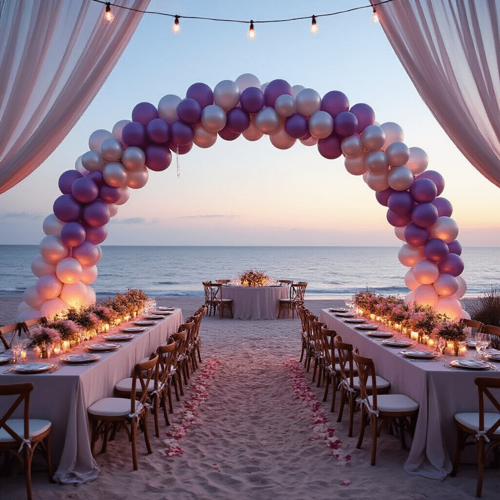 Moody evening beach celebration with an ombré balloon garland archway, elegant long tables with chiffon linens, fairy lights, and a stunning ocean view.