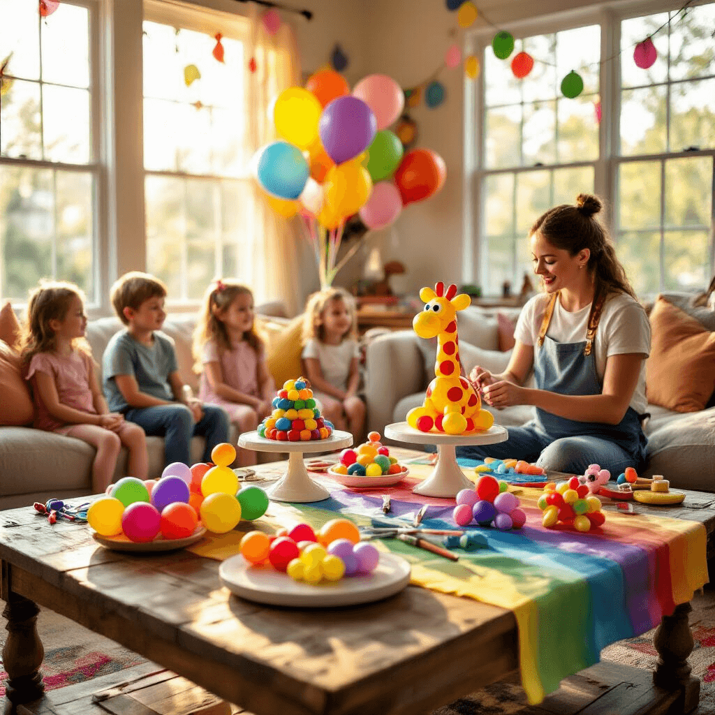 A cozy living room birthday party scene with children watching a professional balloon artist amidst vibrant 260Q balloons, twisted balloon animals on cake stands, colorful table runners, and soft afternoon sunlight illuminating the whimsical atmosphere created by pastel streamers and fairy lights.
