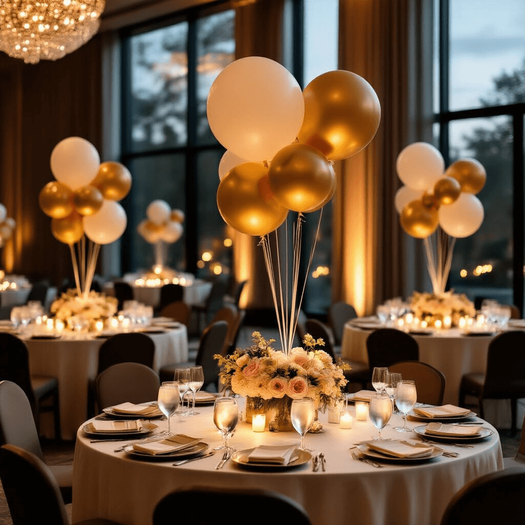 An elegant ballroom setup for a corporate event featuring sophisticated gold and cream balloon sculptures as centerpieces on round tables draped in ivory silk linens, surrounded by ambient lighting from crystal chandeliers. The scene includes ceramic dinnerware, blush floral accents, and balloon garland strips against floor-to-ceiling windows.