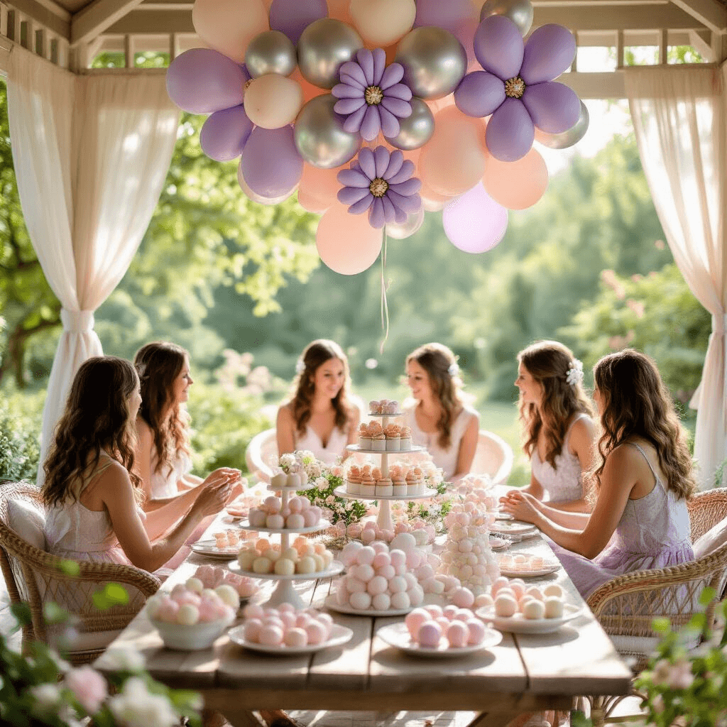 A sun-drenched garden pavilion hosts a whimsical baby shower, with pastel balloon twisting demonstrations and a vintage wooden picnic table adorned with balloon flowers in lavender and silver. Expectant mothers are seated on cushioned wicker chairs, surrounded by tiered dessert displays and sheer drapery filtering the light. The scene features custom party favors with balloon elements and fresh florals in soft pastels, while marble cake stands showcase step-by-step balloon twisting tutorials.