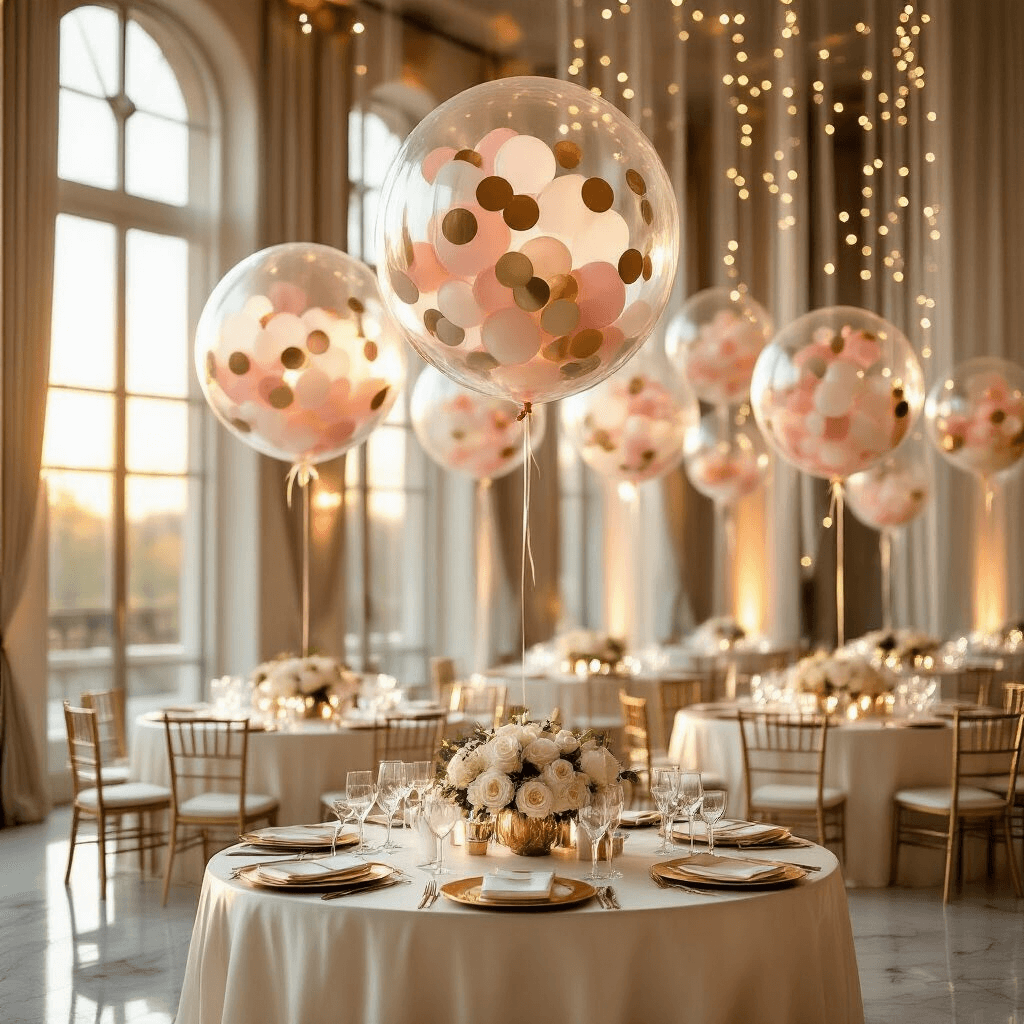 Photorealistic wide-angle shot of a luxurious indoor ballroom with transparent confetti balloons filled with blush pink, gold, and ivory paper, round tables dressed in silk ivory linens, and floral centerpieces, all illuminated by warm golden hour sunlight streaming through tall windows, reflecting on a polished marble floor.