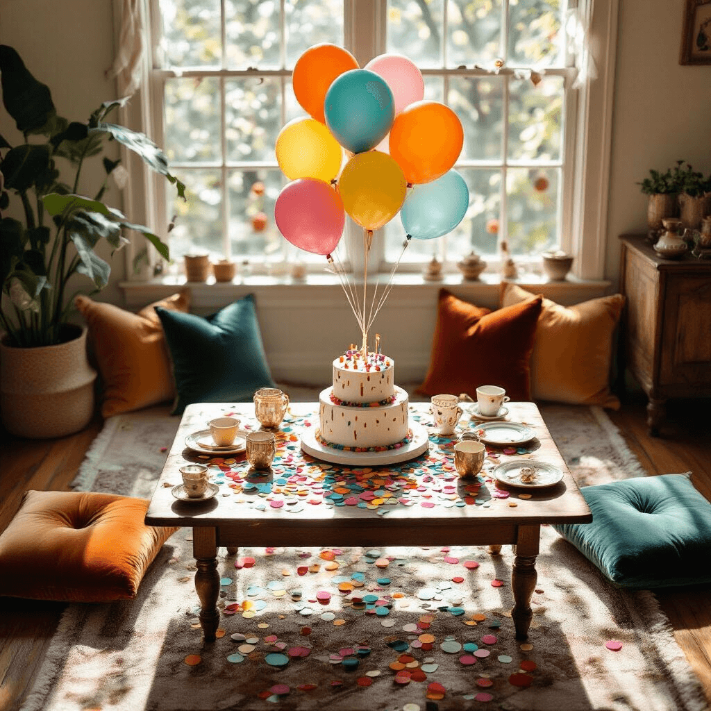 Intimate overhead view of a whimsical birthday celebration setup in a cozy living room, featuring a low wooden coffee table with multicolored confetti balloons, a tiered birthday cake, personalized party favors, scattered rainbow tissue paper confetti, silk ribbons, and jewel-toned velvet floor cushions, all bathed in soft morning light.