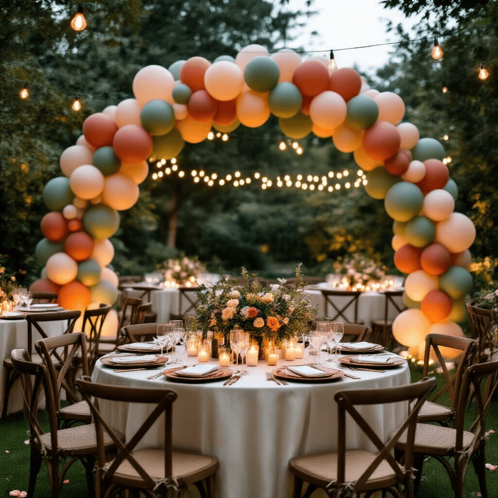 Candlelit romantic garden wedding reception featuring oversized sage green and terracotta confetti balloons arch, elegantly dressed round tables with cream linen runners, wooden charger plates, copper flatware, fresh wildflower centerpieces, string lights, and pillar candles, creating a warm atmosphere with scattered rose petals on the grass.