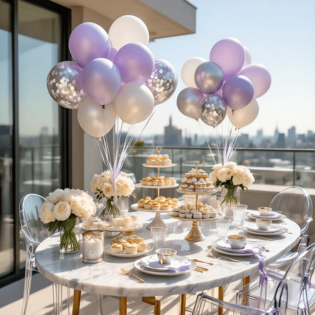 Elegant rooftop baby shower setup featuring a dessert cart with lavender and silver confetti balloons, tiered cake stands with pastries, silk ribbon details, personalized bubble balloons, and white peonies in crystal vases, surrounded by modern acrylic chairs and a glass dining table under soft sunlight.