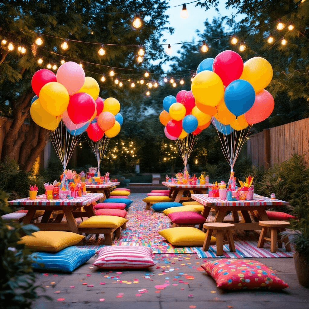 Vibrant children's birthday party in a stylish backyard, featuring balloon bouquet stations, picnic-style tables with striped linens, oversized cushions, DIY confetti-making stations, neon signage, and a confetti balloon arch, all illuminated by string lights in an evening setting.