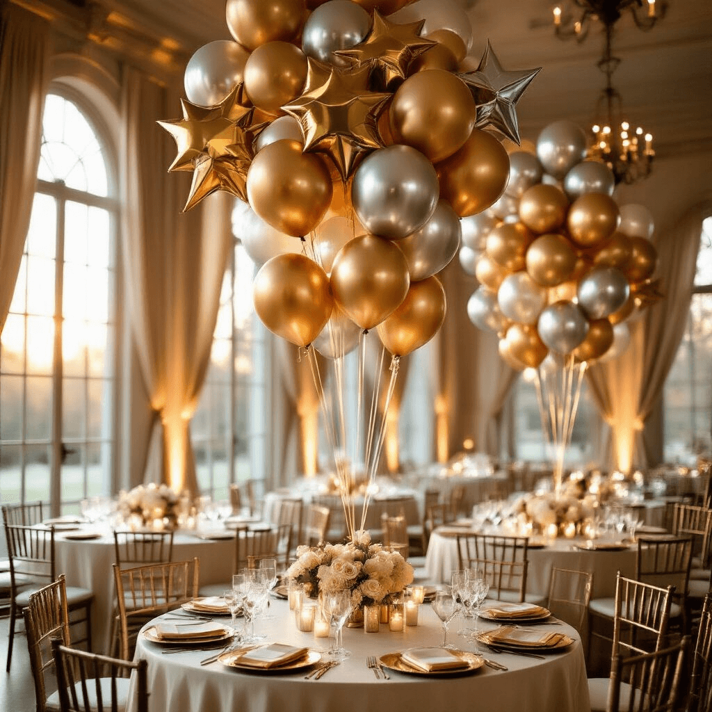 Elegant indoor ballroom at golden hour with metallic star balloons, ivory silk table linens, rose gold centerpieces, crystal glassware, and candlelight. Dramatic sunlight creates shimmer effects, framed by sheer champagne drapery and twinkling LED lights.