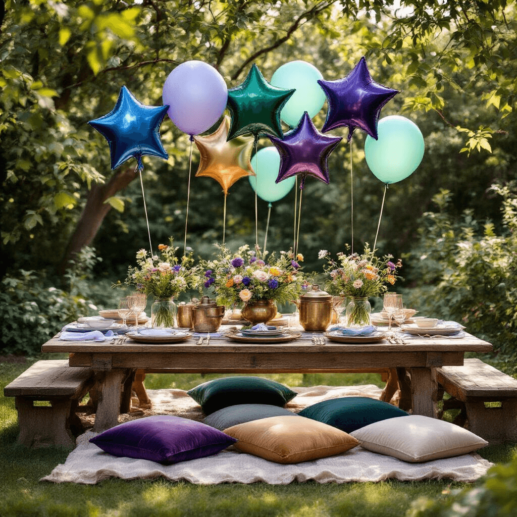 Overhead view of a whimsical garden party setup featuring rustic wood tables adorned with jewel-toned star balloons, vintage brass serving pieces, and wildflower arrangements in mason jars, surrounded by velvet cushions, with soft morning light creating dappled shadows.