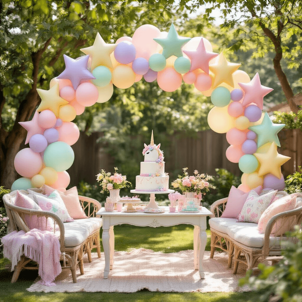 A whimsical children's birthday party set in a stylish backyard, featuring pastel star balloons creating magical arches, a tiered unicorn-themed cake on a vintage dessert table, and comfortable seating with colorful pillows, all illuminated by midday sun filtering through trees.