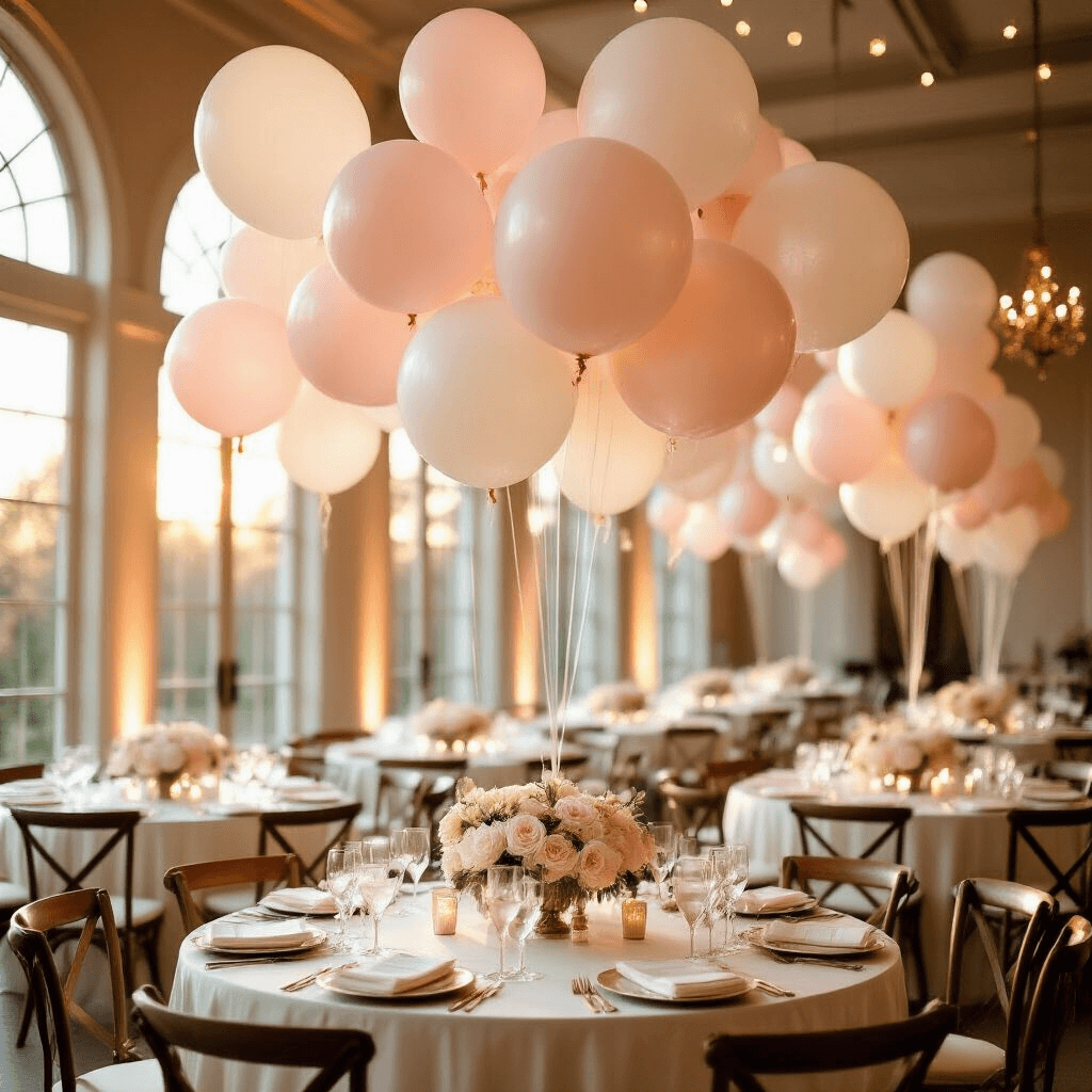 A luxurious indoor ballroom decorated for a wedding reception, with blush pink and ivory tulle-wrapped balloons floating above round tables adorned with silk ivory linens, crystal glassware, and lush white floral centerpieces, all illuminated by soft natural sunlight streaming through tall arched windows, creating a romantic ambiance enhanced by fairy lights.